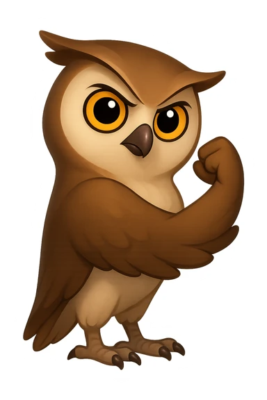 В стилистике эмоджи сгенерируй сову, она в позе со знаменитого плаката We can do it крылом, уверенным лицом и позой показывает уверенность в своих силах, прозрачный фон sticker