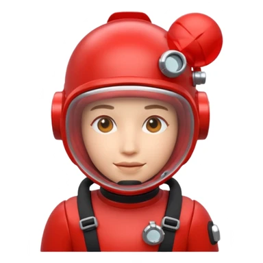 3D cartoon-style human character in the Apple emoji style, wearing a red scuba diving helmet with glass visor sticker