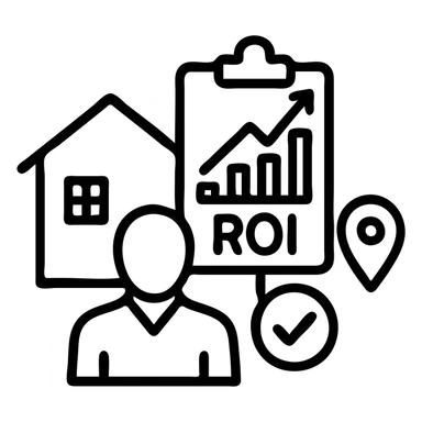 Ícono de real estate que refleje que trabajamos con una estrategia personalizada con visión de ROI y que nuestro método de trabajo nos permite ayudarte a tomar decisiones basadas en datos, rentabilidad y lifestyle. sticker