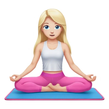 A cinematically realistic blonde with long hair and blue eyes, dressed in a white top and pink leggings, performs a sports exercise on a mat sticker