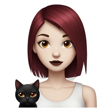 Pale girl with black eyeshadow and burgundy red colored hair with an emo haircut that’s long and layered holding a black cat sticker