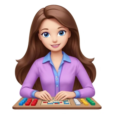 beautiful barbie girl with long brown hair, blue eyes and wearing light purple clothes playing board games sticker