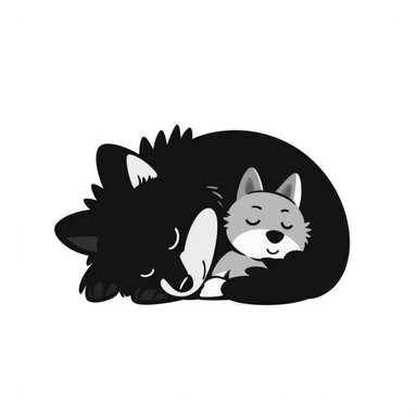 cute baby wolf sleeping with a little wolf stuffed animal sticker