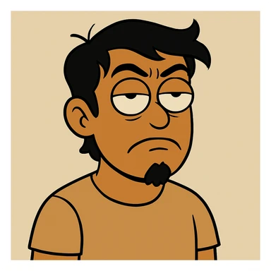 Make the tan skinned guy with black hair look more annoyed while rolling his eyes, and add a small goatee beard. Keep the style and background the same as the original image. sticker