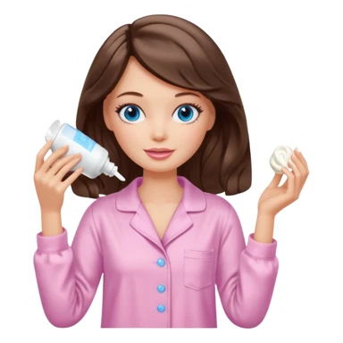 Barbie girl with makeup, blue eyes , and bob long haircut wavy, short brown hair in creamy color pajamas, face cream in hand sticker
