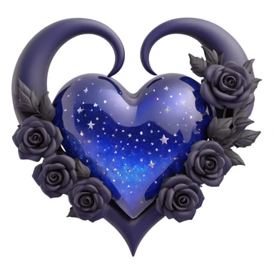 gothic heart, midnight blue glass, silver crescent moon, tiny black roses, shimmering stardust, with a starry sparkle effect sticker