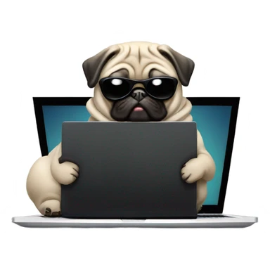 Pug wearing a black hoodie and using a laptop and wearing sunglasses sticker