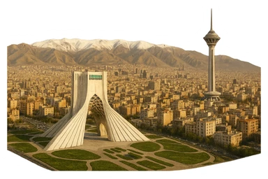 cinematic realistic emoji of Tehran, wide city view with iconic landmarks Azadi Tower, Milad Tower, Alborz mountains in background, lifelike detail, accurate colors, bright daytime lighting, fully transparent background, no sky, no clouds sticker