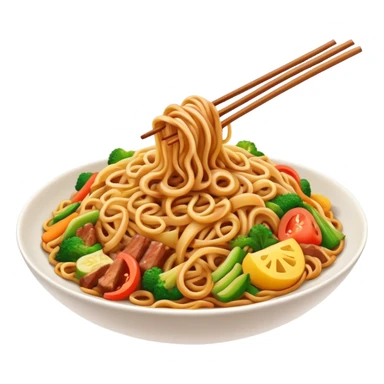 Cinematic Realistic Mie Goreng Dish Emoji, featuring stir‚Äêfried noodles with vegetables and meat rendered with dynamic textures and warm, appetizing lighting. sticker