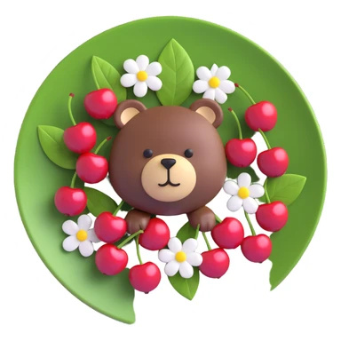 3D iOS-style illustration of cute cherries and bear-shaped cherries on a plate, surrounded by small white flowers and green leaves, with a soft, playful, and glossy look, warm inviting color palette, smooth rounded Apple emoji-like finish sticker