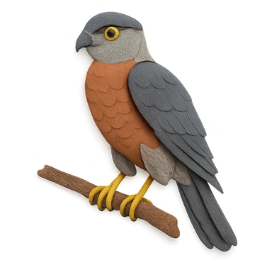 Cooper’s Hawk on a branch, layered paper details, sharp talons, expressive yellow eyes, gray and rufous plumage, naturalistic pose sticker