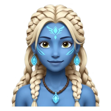 avatar-style Na’vi female portrait, head and shoulders only, blue skin, glowing bioluminescent markings, long braided hair, subtle tribal jewelry, confident smile, 3D cartoon, mobile game icon style, clean background, no text, no watermark
 sticker