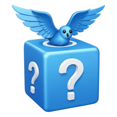 Blue cube with blue wings and has a white question mark sticker