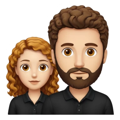 Criar Casal - Homem branco de cabelo liso e olhos marrom, com barba, camiseta polo preta e mulher de pele branca cabelo cacheado marrom longo e olhos mel sticker