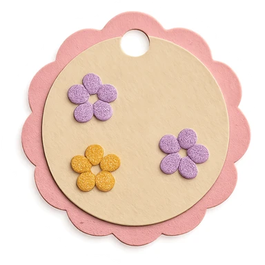 soft pastel round scalloped tag sticker with tiny flowers, paper craft style, with a pink border sticker