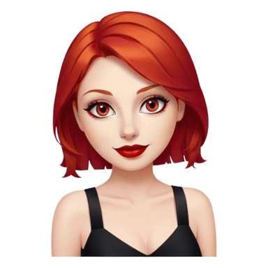 a woman with red hair and red eyes. The woman wear a black little cutted dress. She have red lipstick and she have a seductive look and smile sticker