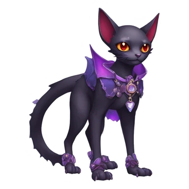 cool kawaii edgy black purple red ethereal fantasy beautiful elegant nargacuga-bat-cat-Fakemon wearing legs spats a collar harness with jewelries full body sticker