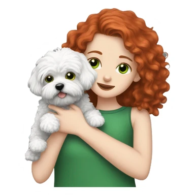 red haired girl with green eyes hugging her black and white Maltipoo dogs sticker