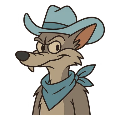 grey coyote wearing a light blue cowboy hat and light blue neckerchief, flat toon style sticker