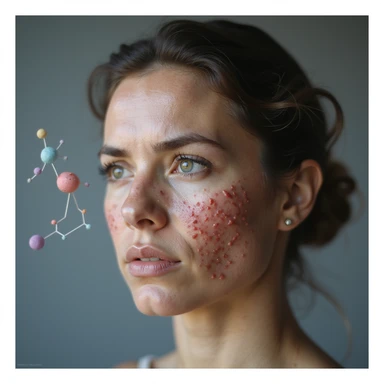 hyperrealistic 4K image of a woman with hormonal imbalance, face with acne, with a stylized illustration of estrogen and progesterone molecules in the background, serious expression sticker