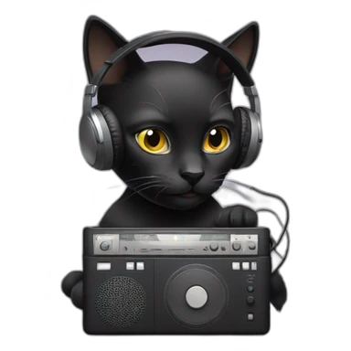 Black cat listening music with a grey walkman sticker
