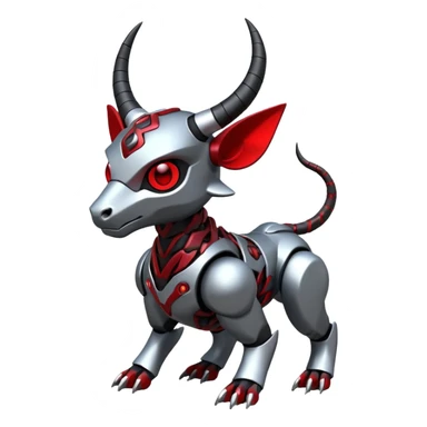 Futuristic mechanical cyborg horned modern badass cool shiny metallic alloy silver-grey obsidian-black crimson-red white animal hybrid Fakemon full body with intricate patterns sticker