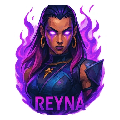 Reyna from Valorant, stylized portrait, glowing eyes, purple aura, game character, vibrant colors sticker
