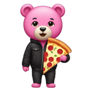 a pink bear with a black jacket and a big pizza sticker