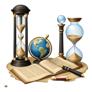 An icon featuring ancient scrolls, a quill pen, and large, old-fashioned sand clocks, symbolizing the study of history. The design includes a globe and a timeline with significant historical events, set against ruins to evoke past civilizations. Transparent background highlights the passage of time. sticker