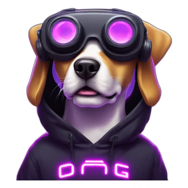 funny dog wearing a black hoodie with "OMG" letters on it and VR headset in a cyberpunk VR environment with violet neon lighting. sticker