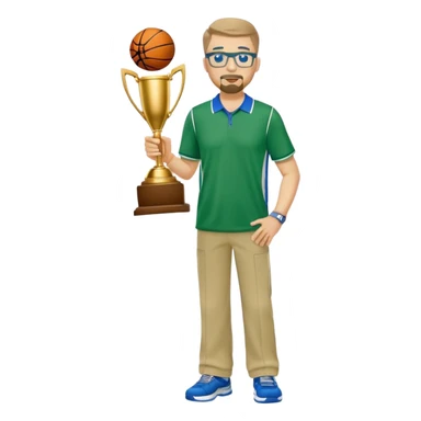 full body white  male basketball coach with trophy. Goatee , Wearing glasses and blue and green polio and khaki pants sticker