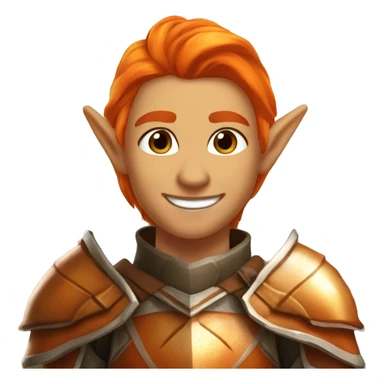 Autumn Eladrin Elf with a charismatic smile and orange hair. Wearing shiny elaborate armor with silver, orange, and brown tones, similar to the colors of autumn.  sticker