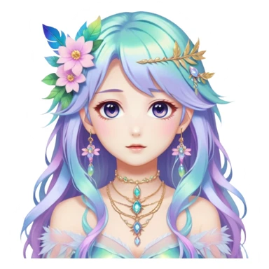 Beautiful gorgeous anime lady with beautiful iridescent-special-hair, fashion aesthetic, ethereal, fairycore, pastelcore, feather, flower, crystals, accessories, jewelries, gold, colorful sticker
