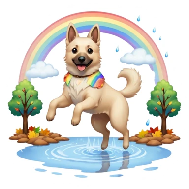 Beautiful White belgian Shepard jumping Cheerful  over Rain puddles. There is a rainbow in the sky and trees with Brown leafs in the background sticker