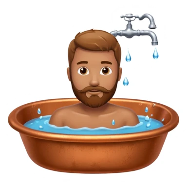 Man with beard lying in copper bath with water running from taps sticker