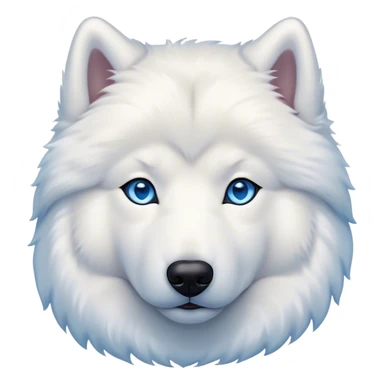 Cinematic Noble Samoyed Portrait Emoji, Poised and regal, with a majestic, sturdy build and a luxuriously fluffy pure white Fur, deep-set soulful blue eyes, Simplified yet sharp and sophisticated features, highly detailed, glowing with a soft, dignified glow, high shine, intelligent and gentle, stylized with an air of elegance, focused and attentive, soft glowing outline, capturing the essence of a watchful and confident companion, so majestic it feels as though it could bound out of the screen with effortless authority! sticker