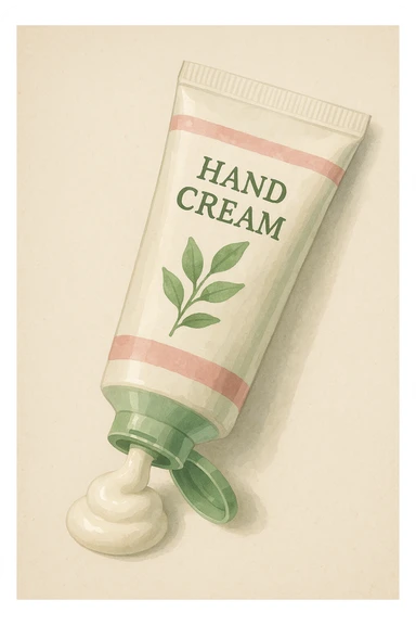 hand cream tube, cream coming out, green and pink details, semi-realistic illustration style sticker