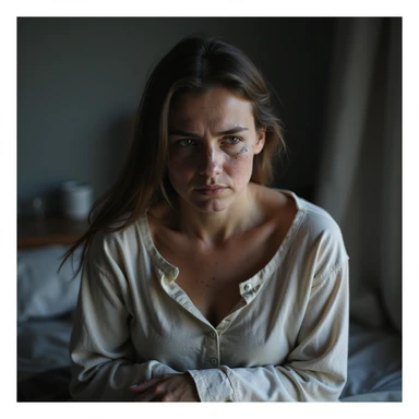 woman with chronic fatigue, pale and marked face, prominent dark circles, curved posture and drooping shoulders, exhausted expression, hyperrealistic style, realistic details, 4K quality, domestic environment sticker