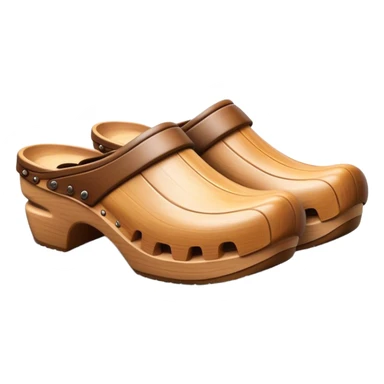 Cinematic Realistic Wooden Clogs Emoji, depicting the classic handcrafted footwear with a smooth, curved design and sturdy wooden soles, rendered with rich textures and warm, natural lighting. sticker