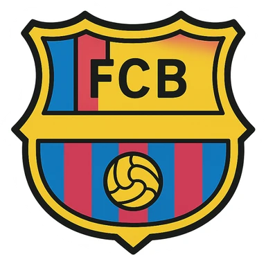 iconic representation of FC Barcelone focusing on club's initials FCB in stylized shield with blue and garnet color blocks and subtle football motif sticker
