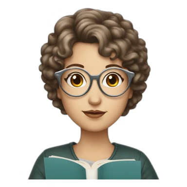 white girl with round silver glasses and really short brown curly hair reading a book sticker