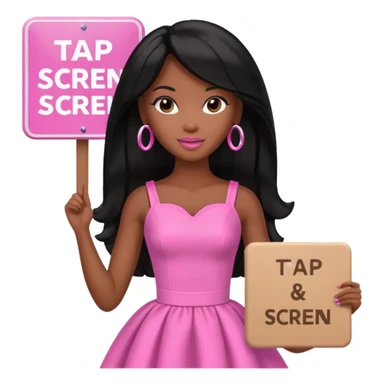 Black barbie, long black  hair, pink dress holding sign, that says "tap screen"  sticker