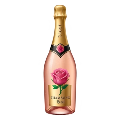 bottle of sparkling rose champagne tilted up and to the right, with a rose logo, no glass sticker