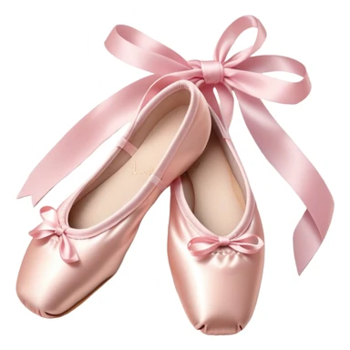 Cinematic Realistic Ballet Shoes, soft satin pink pointe shoes with delicate ribbons, resting gently on a polished wooden floor, subtle creases in the fabric, glowing under the warm golden light of a rehearsal studio, evoking elegance and grace. sticker