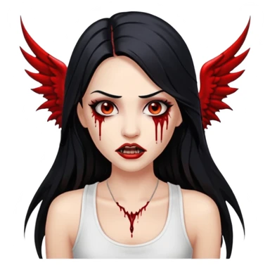 White woman with a white tank top long black hair glossy middle part long hair vamp look with fangs or blood dripping down lips brown eyes eyeliner winged with lashes top and bottom white border sticker