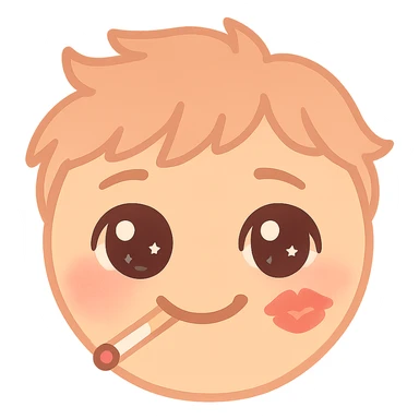 kawaii emoji face smirking with a cigarette, red lipstick smudge, tousled hair, neon lighting, expression of 'forbidden love', inspired by Romeo + Juliet 1996 aesthetics, discord emoji size sticker