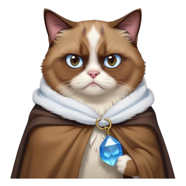 Cinematic Meme-Worthy Grumpy Brown Mantle Snowshoe Cat Portrait Emoji, Head held high but eyes filled with dramatic disappointment, soft brown fur draped like a cape, white paws planted firmly in defiance, signature grumpy cat frown perfectly etched on its face, icy-blue eyes radiating pure disapproval, Simplified yet hilariously over-exaggerated features, highly detailed, glowing with an aura of supreme annoyance, high shine, exhausted yet judgmental, stylized with an almost regal pettiness, bright but brooding, soft glowing outline, capturing the essence of a feline that has seen it all and is thoroughly unimpressed, so meme-worthy it feels like it could instantly become the next viral sensation of grumpiness! sticker