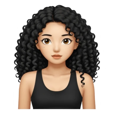 Korean woman with black cute long curly hair  with a black top tank with long lashes sticker
