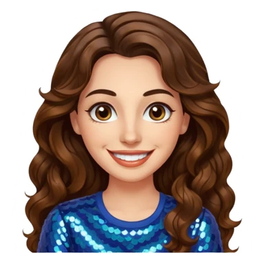 30 yr old italian woman, long brown wavy hair, big brown eyes, huge smile, sequin shirt, no bangs,  sticker