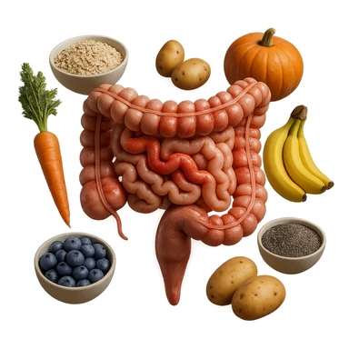intestino umano anatomico infiammato con carota, bowl di avena, mirtilli, bowl di semi di chia, patate, banane, zucca, bowl di riso che gli fluttuano dietro, iperrealistico 4k sticker